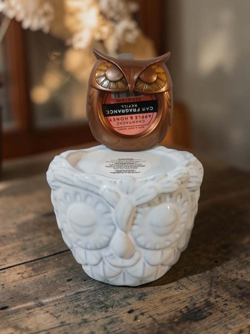 Owl Candle Holder with Car Fragrance Pod - Brown & White